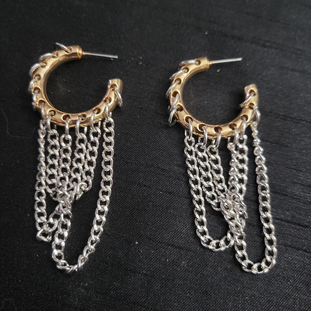 Edgy industrial chunky gold & silver two tone hoop earrings with chains